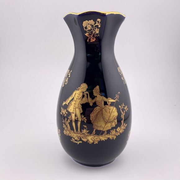 LIMOGES France Cobalt Blue  22K Gold Courting Couple Design Porcelain Vase - Picture 1 of 6